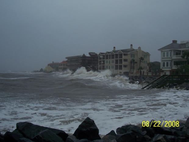 This photo illustrates storm waves from Tropical Storm Faye crashing on a hotel along the Georgia coast.