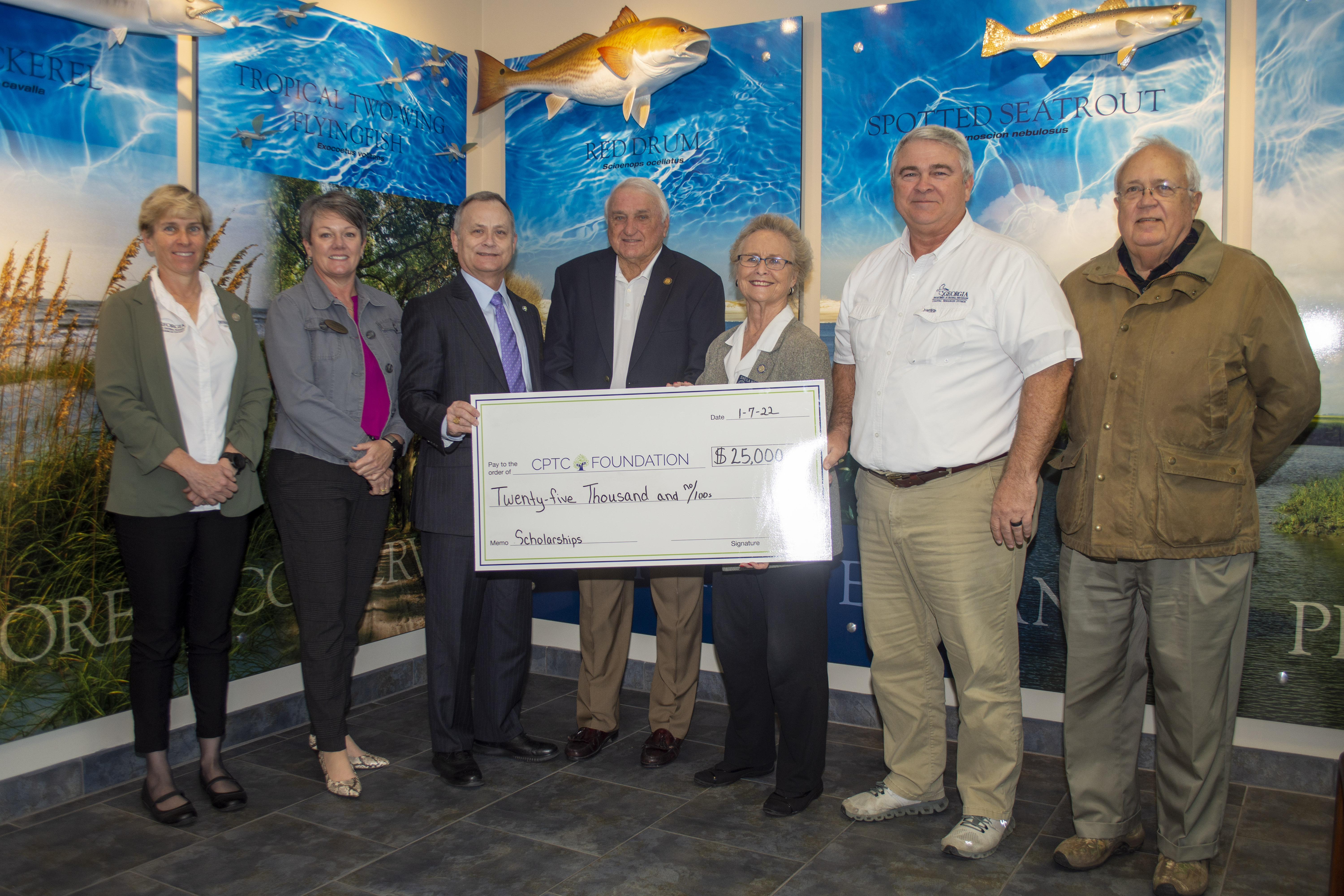 Pictured are, from left, Carolyn Belcher, CRD chief of marine fisheries, Amanda Morris, CPTC executive vice president for academic affairs, Lonnie Roberts, CPTC president, Rep. Don Hogan (St. Simons), Sen. Sheila McNeill (Brunswick), Doug Haymans, CRD director, and Woody Woodside, CPTC Foundation trustee