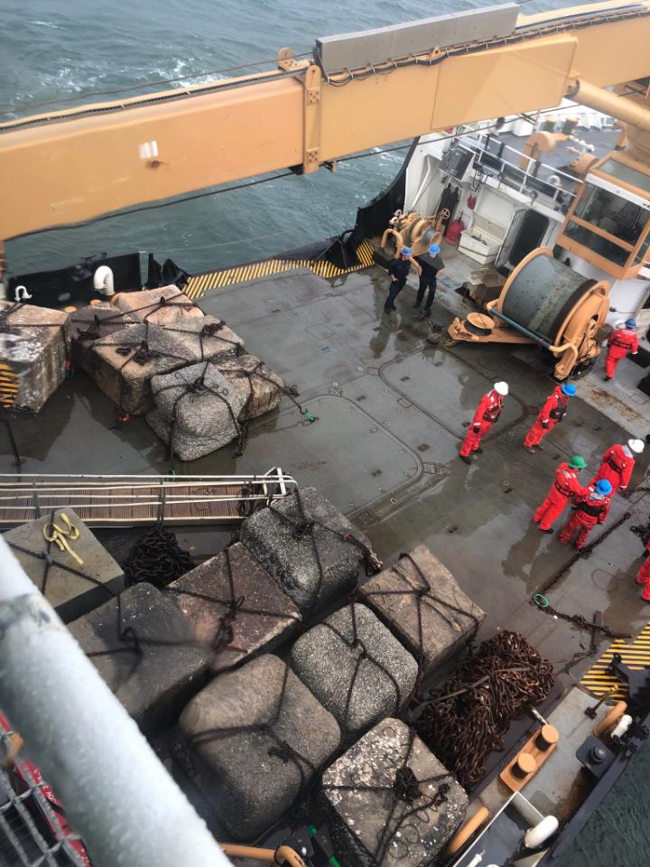 Concrete anchors aboard Coast Guard Cutter Willow