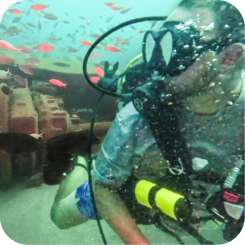 A scuba diver wearing a black diving mask, regulator, and a yellow oxygen tank explores an underwater artificial reef. The reef consists of large, hollow concrete structures resting on the ocean floor. Small red fish swim around the diver and the reef. Bubbles rise from the diver’s regulator, and the water has a greenish tint with particles suspended in it.