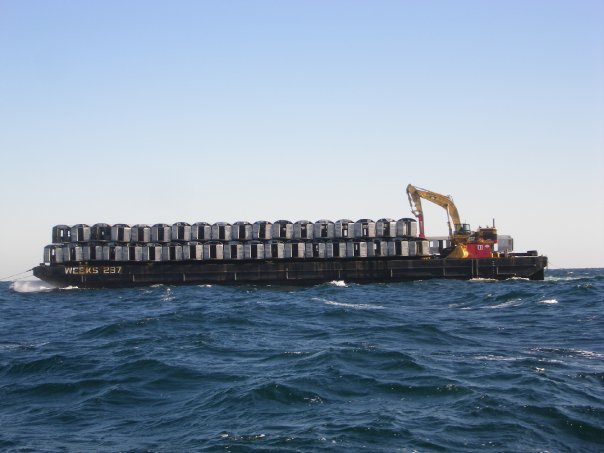 Silverliner subway cars donated by the New York City Transit Authority and deployed as artificial reef material at Reef JY in January of 2010