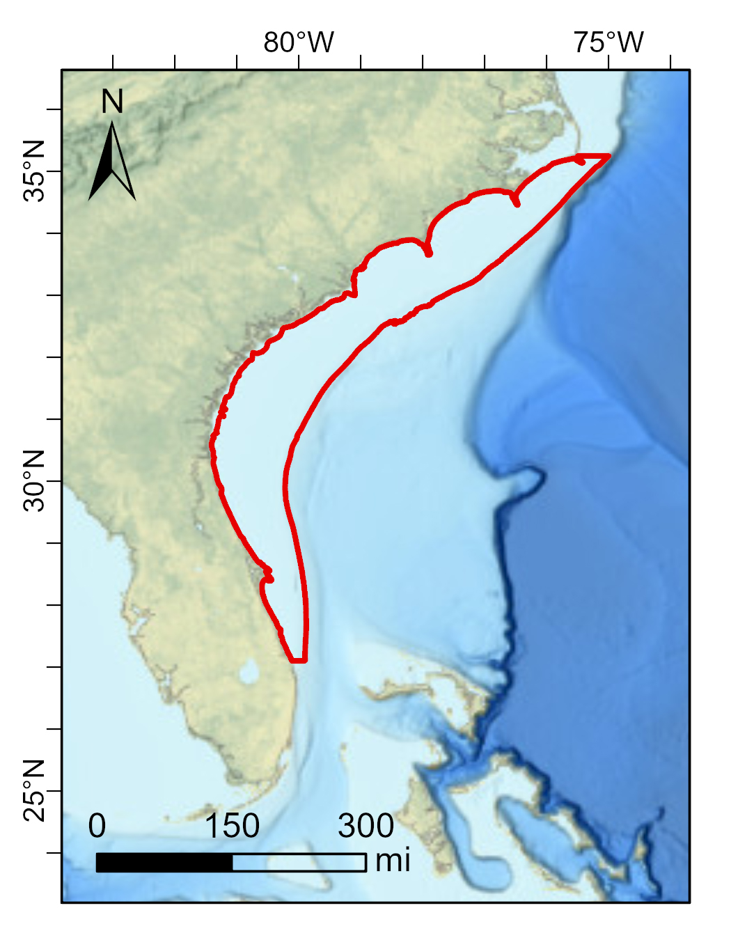 Map of the study region from Cape Hatteras, NC to St. Lucie, FL. Artificial versus natural reef extents were compared across the whole region and also by depth and by state. Basemap credit: GEBCO / NOAA NCEI. Adapted from Steward et al. 2022.